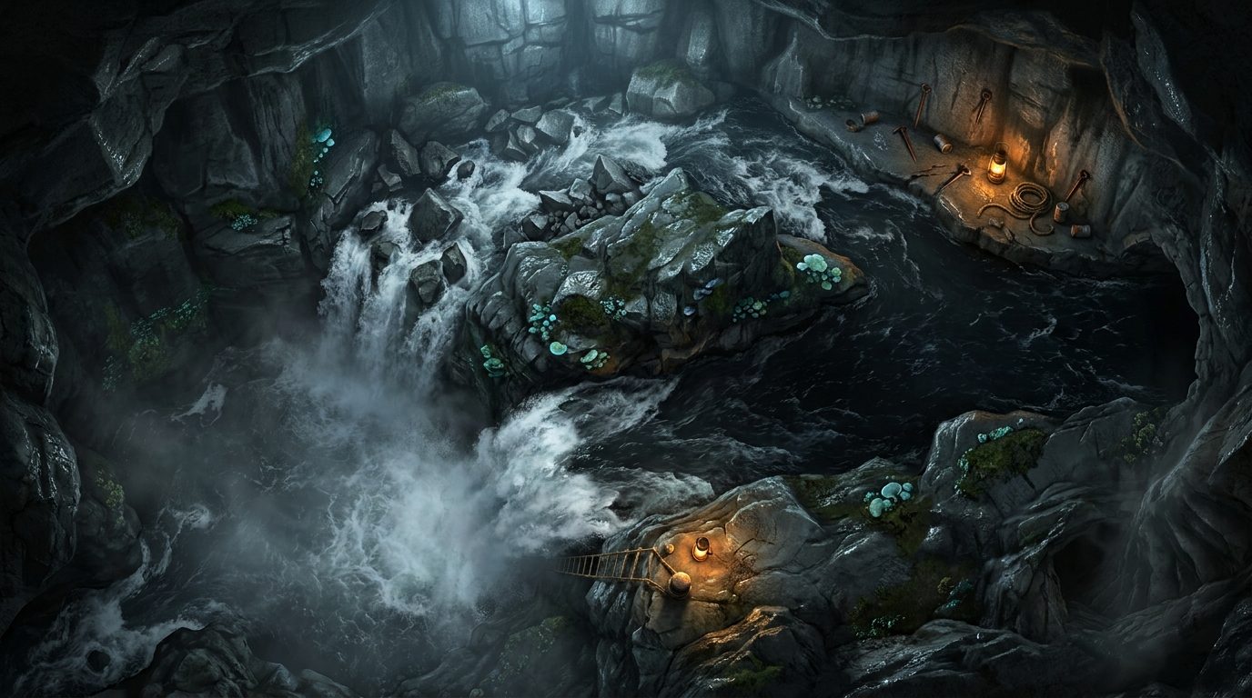 Dark Subterranean River and Waterfall scene 1
