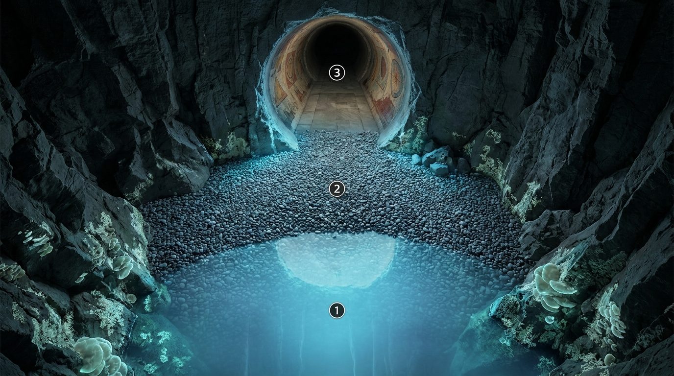 Bioluminescent Underground Lake and Fresco Tunnel scene 1
