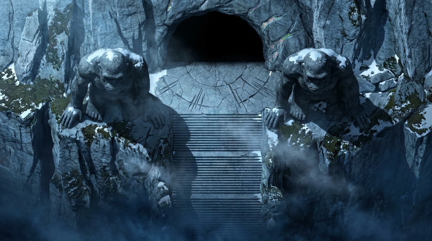 Giant Ape Statues Cave Entrance