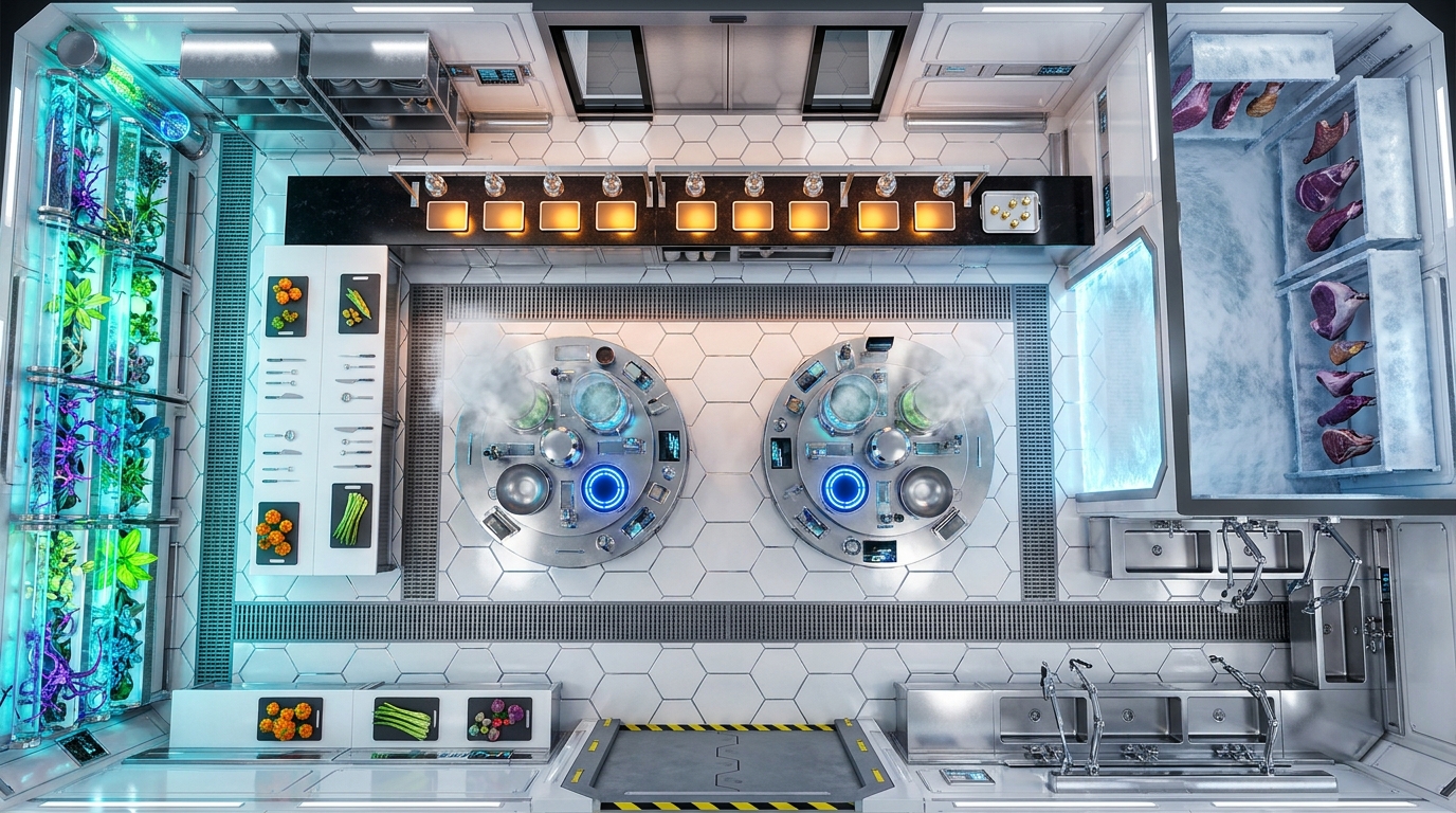 Bustling Sci-Fi Gourmet Kitchen