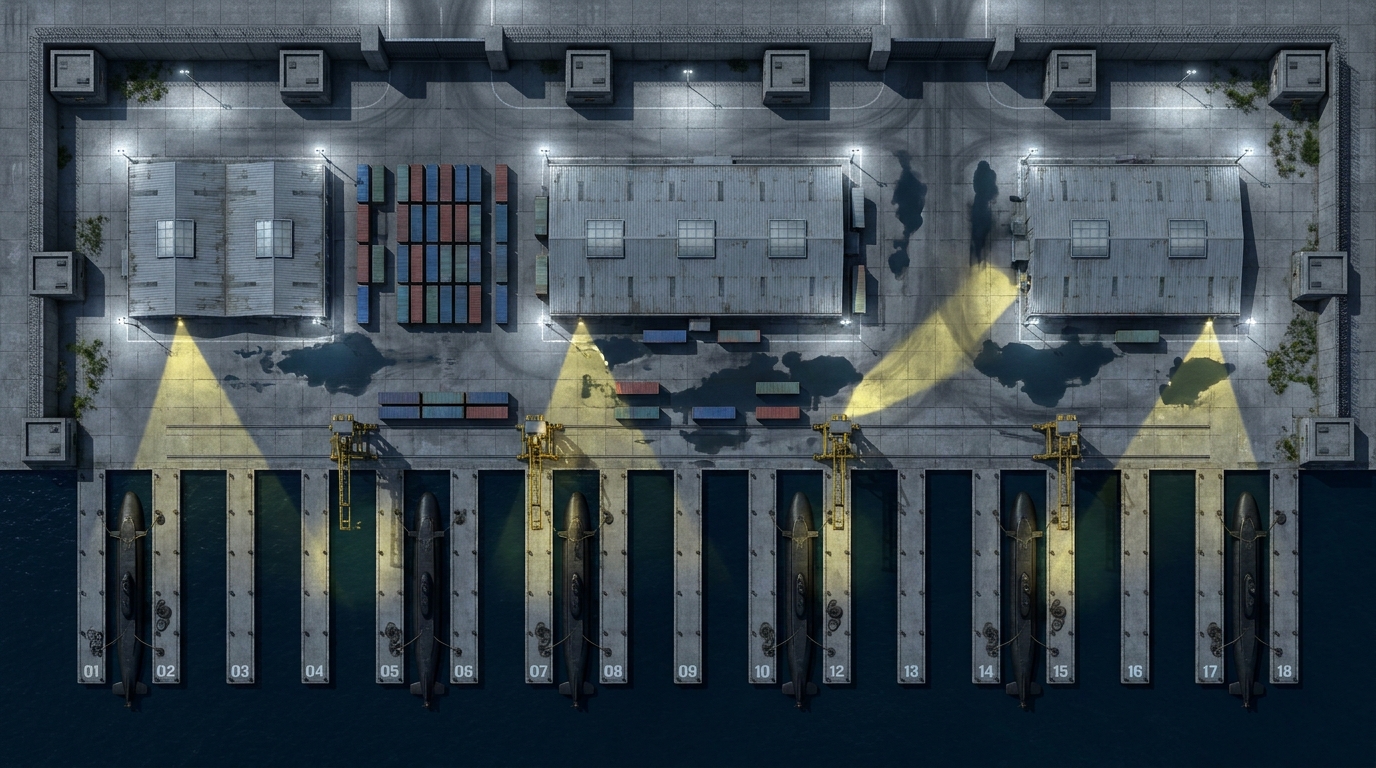 Militarized Corporate Harbor and Submarine Docks