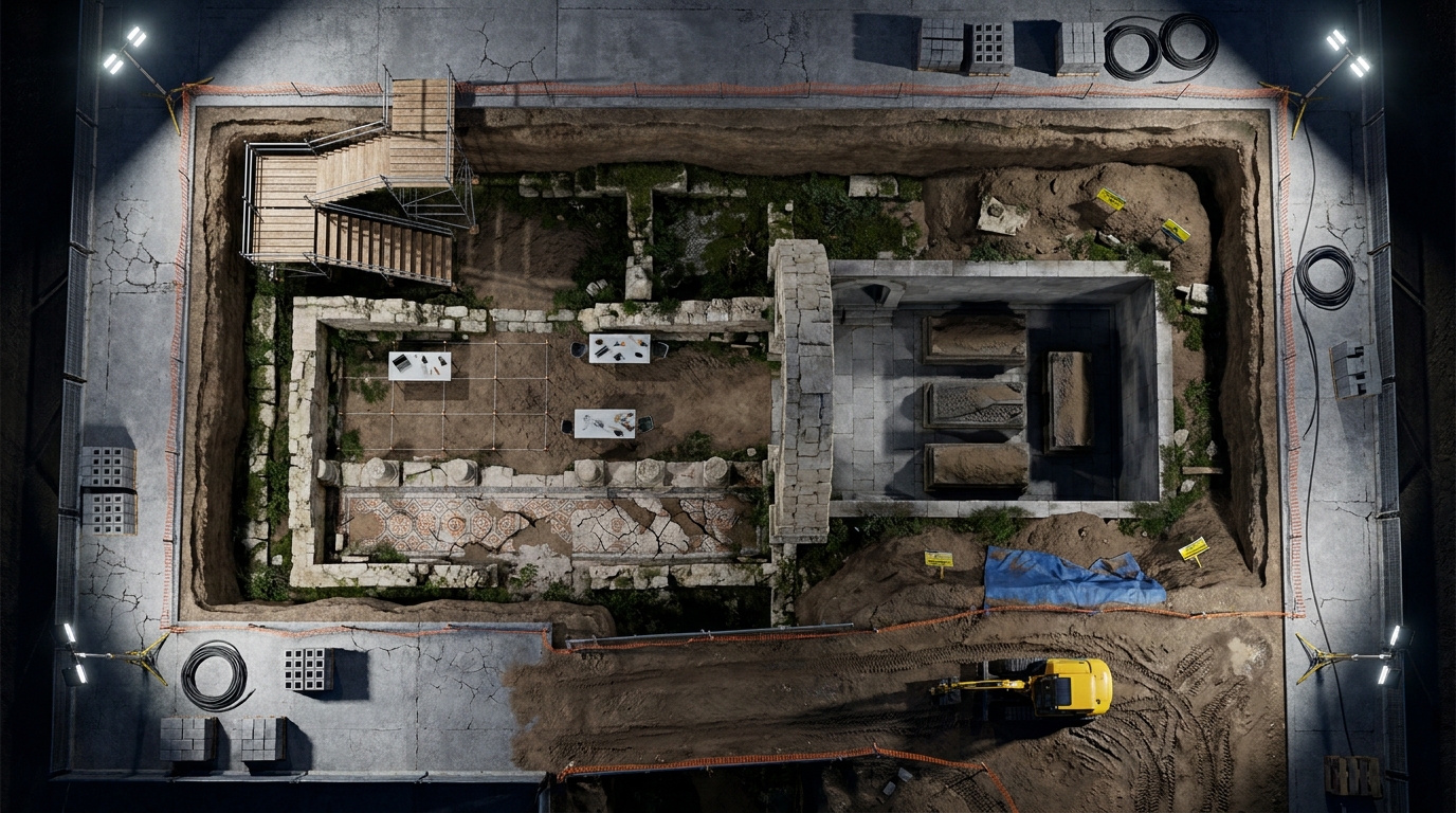 Modern Construction Site Excavation and Ancient Crypt