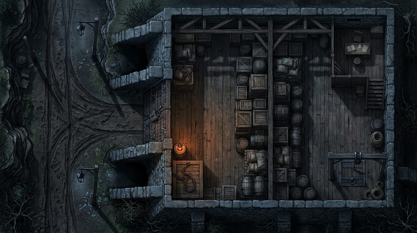 Shadowy Smuggler's Warehouse scene 1
